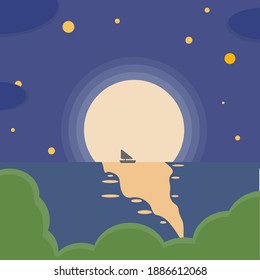 
Light ship in a blue lake at night against a background of stars and a yellow moon