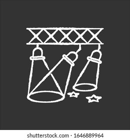 Light show chalk white icon on black background. Night club entertainment event, festive performance with floodlights. Stage illumination, spotlights isolated vector chalkboard illustration
