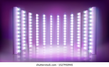 Light show on the stage. Empty place for exposition. Vector illustration.