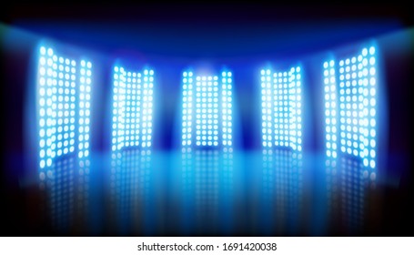 Light show on the stage. Large led projection screens. Blue abstract background. Vector illustration.