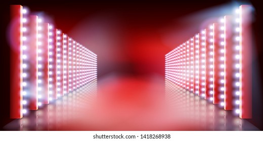 Lichtshow auf der Bühne. Roter Teppich. Modebahn. Vektorgrafik.