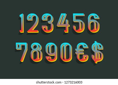 Light show style iridescent 3d numbers with currency signs of dollar and euro.