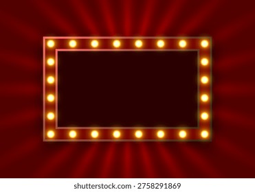 Light sign on red rectangular frame. Retro casino lightbox. Circus frame with glowing light bulbs. Red cinema or theater banner