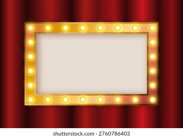 Light sign on red rectangular frame. Retro casino lightbox. Circus frame with glowing light bulbs. Red cinema or theater banner