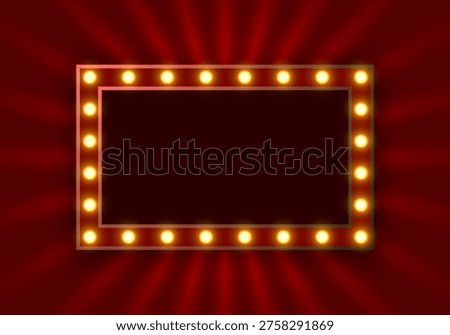 Light sign on red rectangular frame. Retro casino lightbox. Circus frame with glowing light bulbs. Red cinema or theater banner