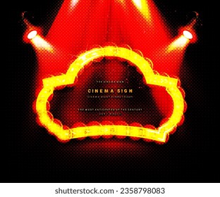 Light sign over transparent background. Retro banner with bulbs. Light banner, vintage billboard or bright signboard. Cinema or theater lightbox for ads. Illuminated marquee poster case or frame.