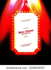 Light sign over transparent background. Retro banner with bulbs. Light banner, vintage billboard or bright signboard. Cinema or theater lightbox for ads. Illuminated marquee poster case or frame.