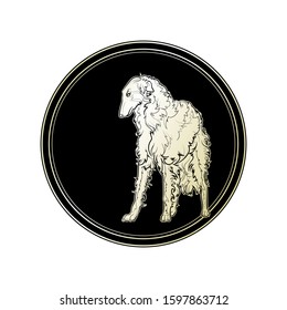 Light silhouette of a borzoi (russian wolfhound) in black circle. Vector illustration.