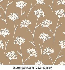 Light silhouette of wild flowers on a brown background. Simple floral vector seamless pattern. For fabric prints, textile products, packaging.