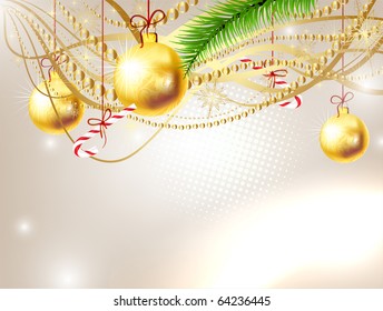Light silver abstract Christmas background with white snowflakes with golden balls, sweet and fur tree branch