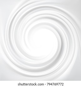 Light silver color fond of soft shiny eddy motion rippled curvy sour kefir. Dairy ring volute spraying pattern surface. Closeup view with space for text in glowing center