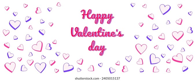 Light simple banner happy Valentines day.  Background with set vector creative cartoon cute hearts. Horizontal border with copy space. Suitable for email header, post in social networks, advertising