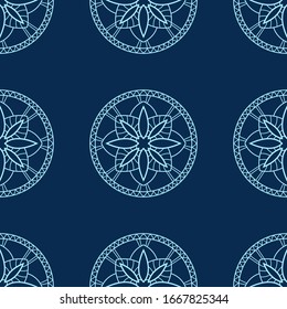 Light simple floral mandala on dark blue background. Seamless decorative pattern. Good for packaging, textile.