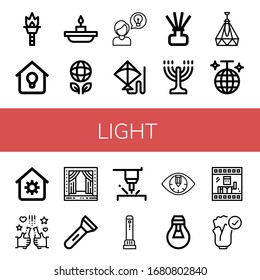 light simple icons set. Contains such icons as Torch, Lighting, Candle, Ecology, Idea, Kite, Diffuser, Menorah, Ceiling lamp, Disco ball, can be used for web, mobile and logo