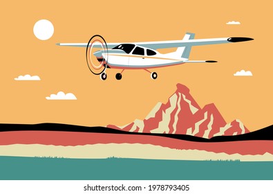 Light single-engine aircraft flies against the background of an abstract landscape. Vector illustration.