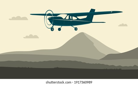 Light single-engine aircraft with pilot flies against the background of an abstract landscape. Vector illustration.