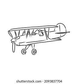 Light single-engine aircraft with pilot flies against the background of an abstract landscape. Vector illustration.
