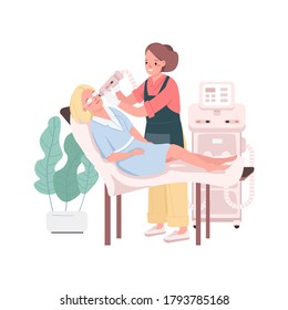 Light skin therapy flat color vector detailed characters. Facial treatment procedures. Beauty salon worker and customer isolated cartoon illustration for web graphic design and animation