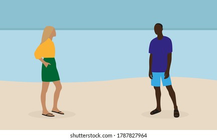 Light skinned female character and dark skinned male character together on the seashore