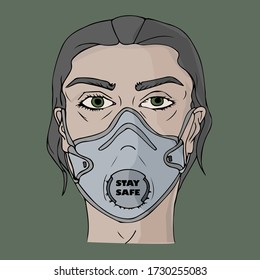 Light skinned girl wearing a mask portrait. Stay safe vector illustration.