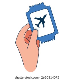 Mão de pele clara segurando um bilhete de voo. Ilustração vetorial que representa viagens aéreas, de passageiros, de férias ou de negócios e temas de transporte aéreo.

