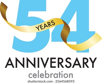 light sky blue number 54 with gold confetti and word years black color and word anniversary celebration are at the bottom.