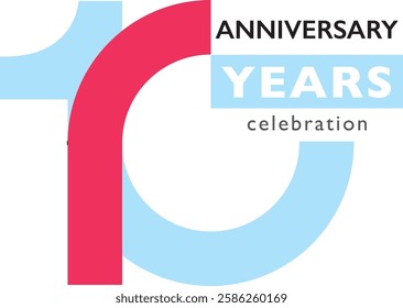 light sky blue and light red color number 10 with word years white color on ligh sky blue square and word anniversary celebration black color.