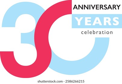 light sky blue and light red color number 30 with word years white color on light sky blue square and word anniversary celebration black color.