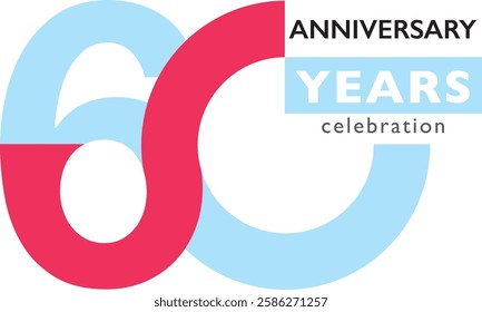 light sky blue and light red color number 60 with word years white color on light sky blue square and word anniversary celebration black color.