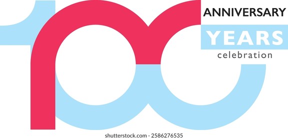light sky blue and light red color number 100 with word years white color on light sky blue square and word anniversary celebration black color.