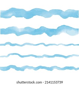 Light sky blue watercolor vector water waves. Wavy long brush strokes, uneven stripes, doodle streaks, curved lines. Hand drawn watercolour text backgrounds, marine, sea borders, aquatic templates.