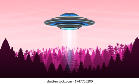 Light Sky Forest Background Vector Silhouette With Ufo