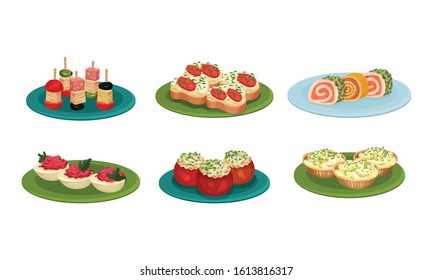 Light Snacks and Bites Served on Plates Side View Vector Illustrations Set