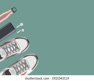 Light sneakers, smartphone, earphones and fitness bottle from top view on green background. Sports shoes and gadgets for running. vector illustration.