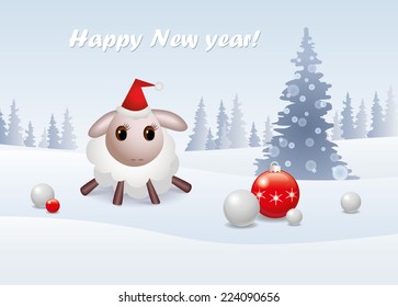 Light snow background with spruces with the image of sheep in the Santa hat and Christmas balls. 2015 Year of the Sheep.