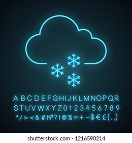 Light snow neon light icon. Winter. Snowy weather. Cloud and snowflake. Weather forecast. Glowing sign with alphabet, numbers and symbols. Vector isolated illustration