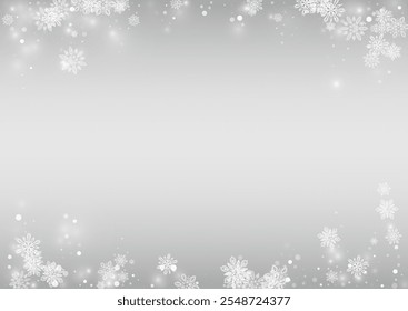 Light Snow Vector Silver Background. Fantasy Snowfall Backdrop. White Christmas Wallpaper. Sky Snowflake Texture.