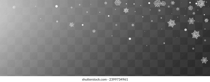 Light Snowfall Vector Transparent Panoramic Background. New Blizzard Pattern. Gray Magic Banner. Abstract Snow Card.
