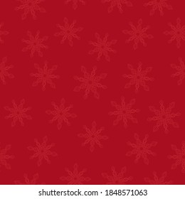 Helle Schneeflocken Mandala auf rotem Hintergrund. Nahtloser Winter Weihnachten monochrome Muster. Geeignet für Verpackung, Textilien.