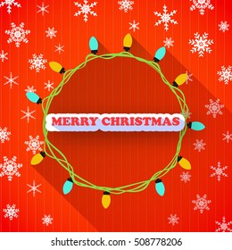 Light and snowflakes merry christmas red background flat vector illustration