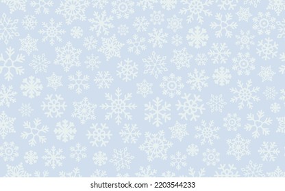 Light Snowflakes on Blue background. Vector Seamless Pattern for Continuous replicate. Christmas falling Snowflake on Blue backdrop. Concept of winter holiday.