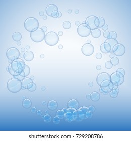 Light soap bubbles on blue background vector round frame