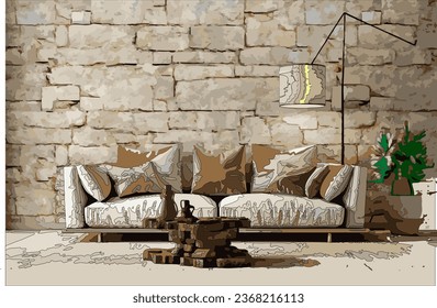 A light sofa with pillows, a lamp and a handmade coffee table against the background of a stone wall. Rustic interior design for a modern living room in a country house
