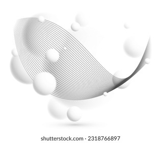 Esferas 3D difusas y ligeras con fondo abstracto del vector de flujo de partículas, temática ambiental relajante con bolas blancas en levitación, fondo de pantalla atmosférico.