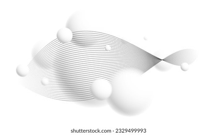 Light and soft 3D defocused spheres with particles wave flow vector abstract background, relaxing ambient theme with white balls in levitation, atmospheric wallpaper.