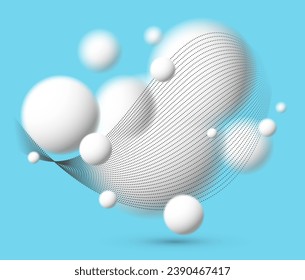 Light and soft 3D defocused spheres with particles wave flow vector abstract background over blue, relaxing ambient white balls in levitation, atmospheric wallpaper.