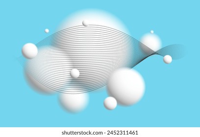 Light and soft 3D defocused spheres with particles wave flow vector abstract background over blue, relaxing ambient white balls in levitation, atmospheric wallpaper.