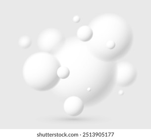 Light and soft 3D defocused spheres vector abstract background, relaxing ambient theme with white balls in levitation, atmospheric wallpaper.