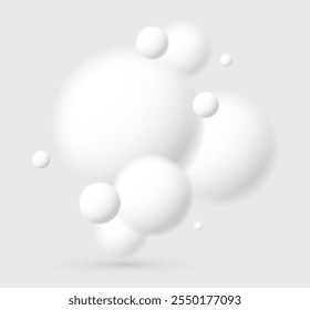 Fondo abstracto de Vector de esferas desenfocadas 3D ligeras y suaves, tema ambiental relajante con bolas blancas en levitación, Fondo de pantalla atmosférico.