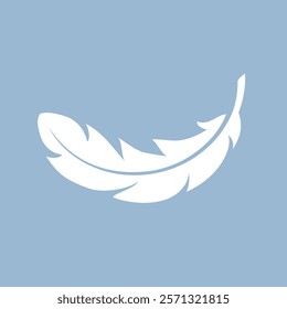 Light soft feather icon isolated on blue background. Vector flat illustration of simple white feather shape, abstract web design element.